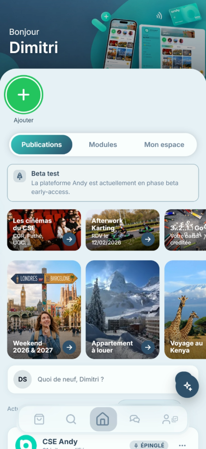 L’application Andy sur mobile : accueil du salarié, actualités et offres du comité